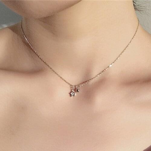 Simple Rhinestone Star Bell Pendant Necklace Vintage Silver Color Choker Necklace for Women Fashion Jewelry Gift