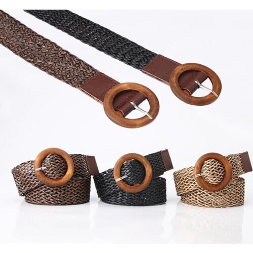 Fashion Woven Belt For Women Jeans Dress Pants Solid Color Waist Belt Hollow Ethnic Style Round Buckle Wild Decoration Belt Gift