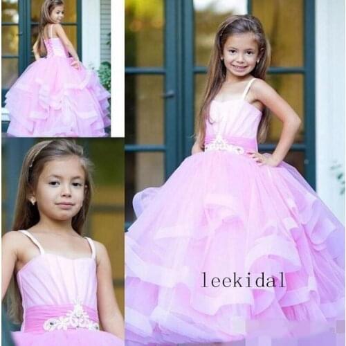 Pink Ruffle Flower Girls Princess Ball Gowns Girl Puffy Gowns Spaghetti Straps Girls Photography Pageant Dress Gowns Custom