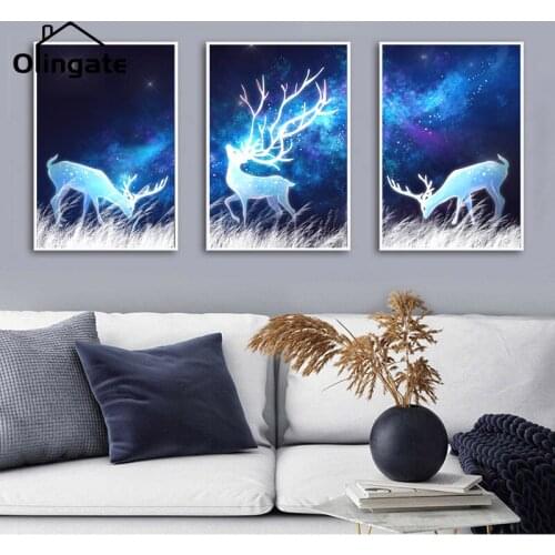 Nordic Fantasy Elk Canvas Poster Abstract Starry Night Animals Wall Picture Print One Piece Wall Art Home Decor for Living Room