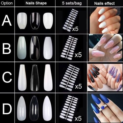 5 Sets/bag Acrylic Nail Tips Coffin Almond Ballerina Stiletto Round Fake Nails Art 10 Size Full Cover Artificial False Nails Tip