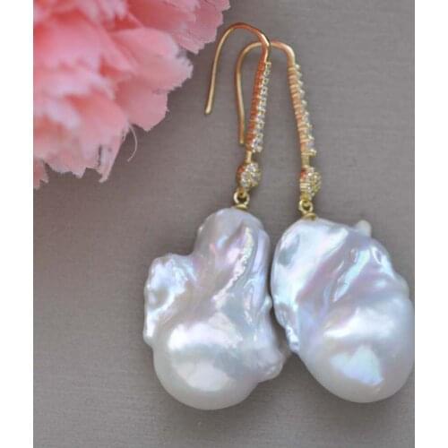 Z10018 A++ 32mm White Baroque Keshi Reborn Pearl Dangle Earring CZ