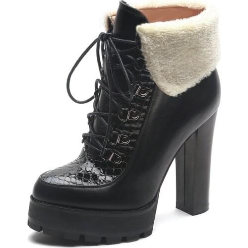 SKLFGXZY Genuine leather women boots Female boots Lambs wool 12cm High heels black fashion Autumn winter Women shoes Size 34-42