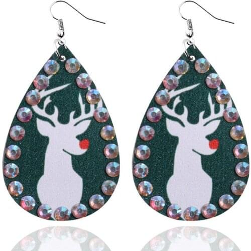 Women Jewelry Christmas Leather Printed Earrings Pave Crystals Drop Earrings Xmas Christmas Gift Jewelry Lightweight