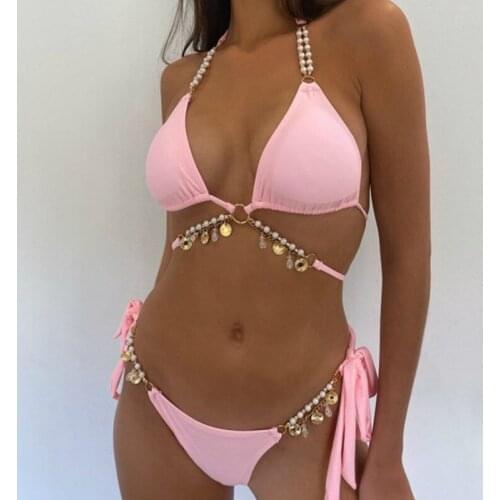 2021 2Pcs Womens Bikini Swimwear Set Sexy Halter Pearl Crystal Pendant Lace-up Bra Solid Color Elastic Panties Summer Beachwear