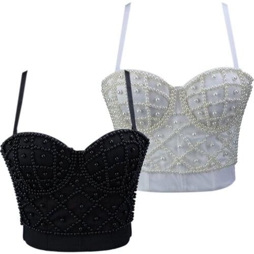 Women Sleeveless Crop Top Sexy Pearl Beaded Bustier Push Up Corset Club Bralette