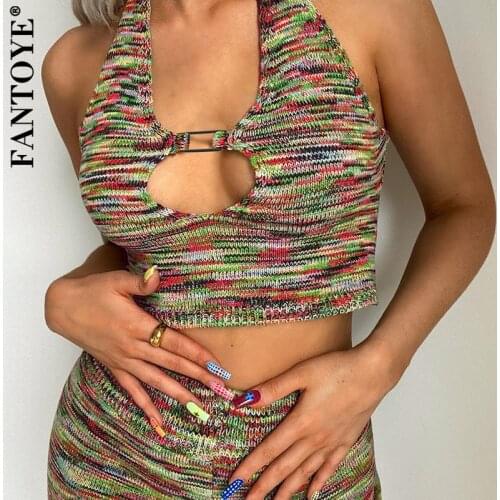 FANTOYE Knitted Backless Cropped Crop Tops Women Deep V-neck Button Lace Slim Vest Camis Clubwear Female Sexy Sweater Tank Tops