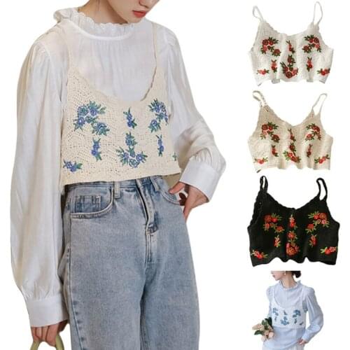 Women Vintage Crochet Knitted Camisole Floral Embroidery Sleeveless Crop Top Bralette Bohemian Beach Bikini Bustier Vest