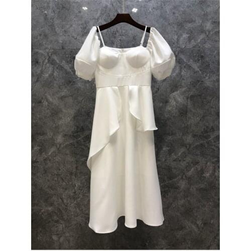 Top Quality Strap Dress 2021 Autumn Party Vestido Special Occasion Women Ruffle Deco Short Sleeve Mid-Calf Black White Red Dress