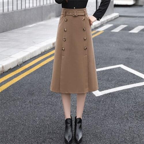 Winter Woolen Skirts 2021 New Autumn New Arrival Front Double Breasted Empire A word Skirt For Women Split Suit SKirts With Belt