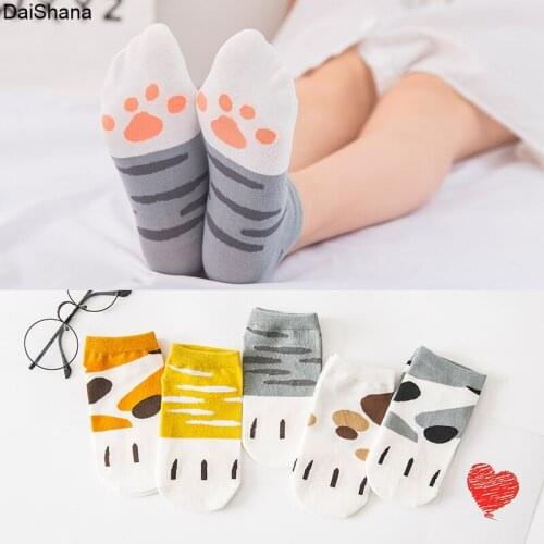5Pairs Kawaii Women Cotton Socks Harajuku Casual Short Ankle Style Multi-Color Black White Funny Cute Cat Paw Pattern Boat Socks