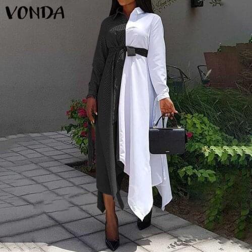 Irregular Shirt Dress 2021 VONDA Sexy Lapel Neck Women Long Sleeve Dress Casual Patchwork Striped Long Dresses Vestido Plus Size