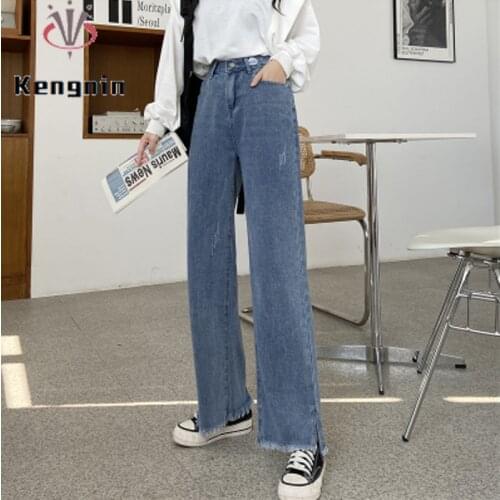 New 2021 Spring Autumn Denim Wide Leg Pants Loose Women Jeans Trousers High Waist Thin Ladies Pants Female Clothing KN146