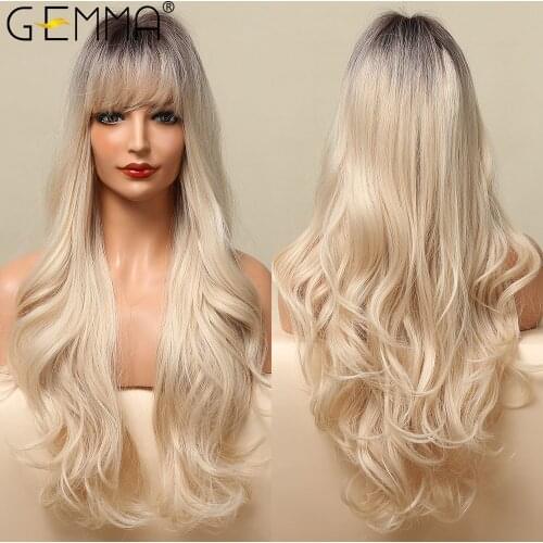 GEMMA Long Water Wave Ombre Black Blonde Synthetic Wigs with Bangs for Women Cosplay Daily Party Wig High Temperature Fiber Hair