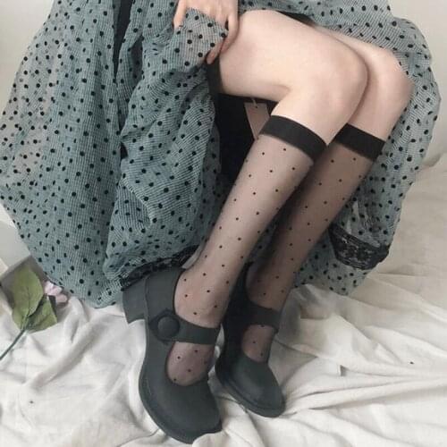Spring Mesh Stocking Women Sexy Harajuku Gothic Lolita Knee Thigh High Socks Summer Dot White Basic Long Socks PJ266