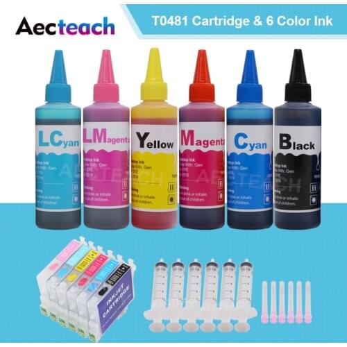 Aecteach 6 Color T0481 Printer Ink Cartridge For Epson Stylus Photo R200 R220 R300 R320 R340 RX500 RX60 + 6×100ml Bottle Ink Kit