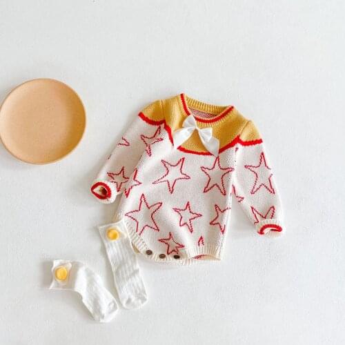 Knitted Baby Clothes Star Winter Newborn Baby Romper Long Sleeve Girl Jumpsuit Bow Knot Toddler Sweater Clothes Boy Clothes 0-2Y