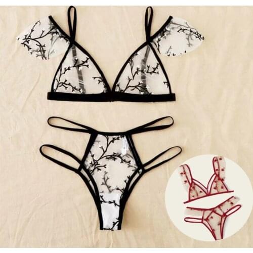 New Sexy Bra Floral Embroidery Sheer Mesh Lingerie Set Bralette+Transparent Thong Women Sexy Lace Intimates Underwear