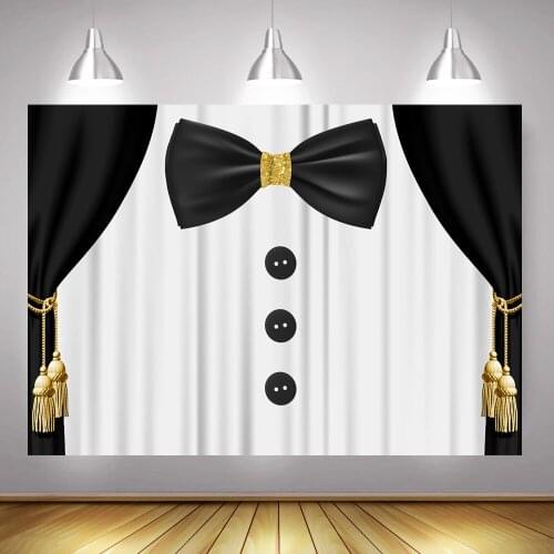 Royal Boy Baby Shower Backdrop for Photography Newborn Birthday Party Background Black Curtain Tie Gold Sliver Decor Photocall