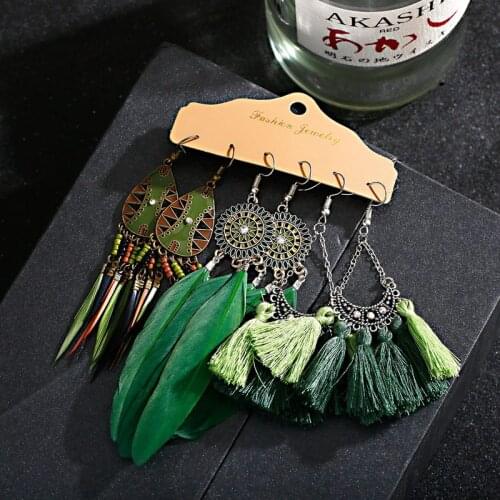 Summer Bohemia Green Feather Tassel Earring Sets Vintage Ethnic Long Fringe Earrings For Women Girl Statement Jewelry Gifts