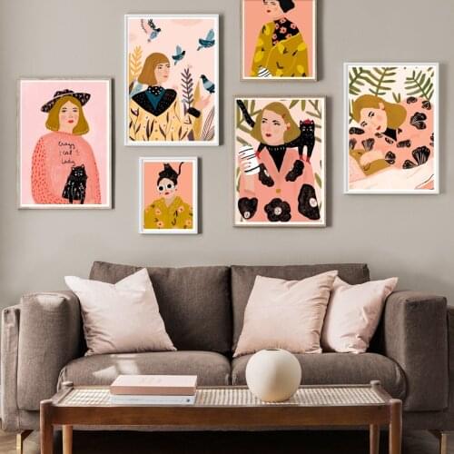 Fashion Girl Leaves Plant Abstract Vintage Nordic Posters And Prints Wall Art Canvas Painting Wall Picture For Living Room Decor