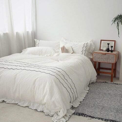 100%Cotton White Gray Seersucker Duvet Cover Set 4Pcs Queen King size Girls Bedding set Duvet Cover Bed Sheet 2 Pillowshams