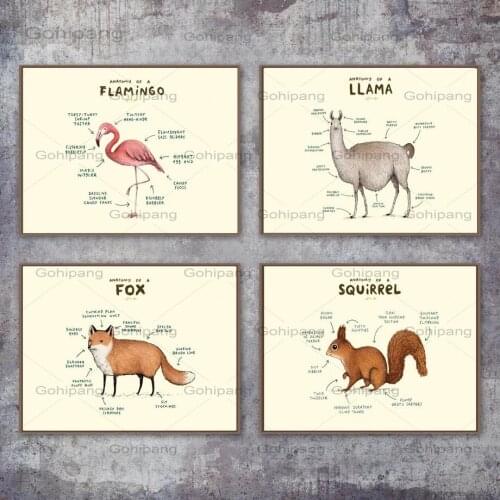 Wall Art Canvas Painting Nordic Posters and Prints Flamingo Fox Sloth Sheep Anatomy Modular Pictures for Living Room Home Decor