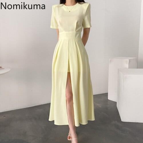 Nomikuma Temperament Elegant Dress Women O Neck Short Sleeve Korean Chic Dresses Solid Color High Waist Split Design Robe Femme