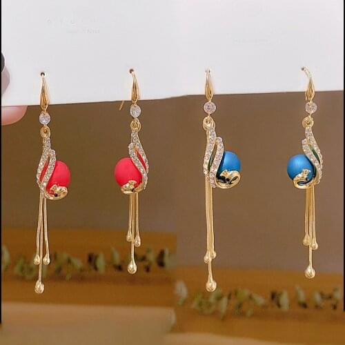 Peacock Tassel Earrings For Exquisite Simulated-pearl Pendant Jewelry Mosaic Semi-precious Stones Alloy Tassel Earrings