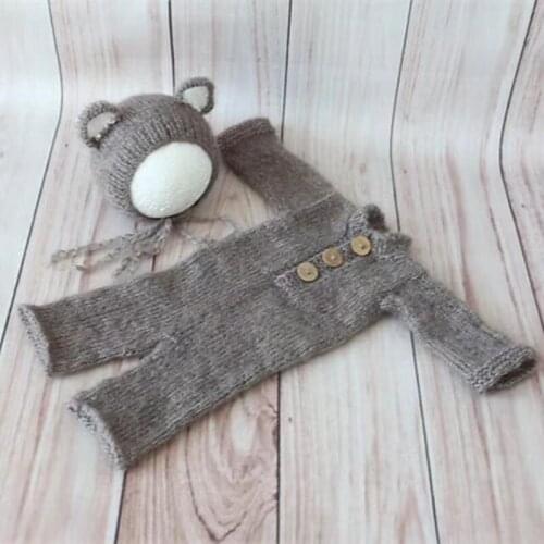 Vintage Newborn Bear Hat Knitted Baby Hat and Romper Set Crochet Newborn Photography Outfit Baby Overalls Baby Jumpsuit Props
