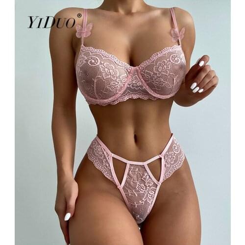 YiDuo Woman Pink Lace Butterfly Lingerie Set Hollow Out 2 Piece Transparent Sexy Push Up Underwear Bra Erotic Brief Set 2021 New