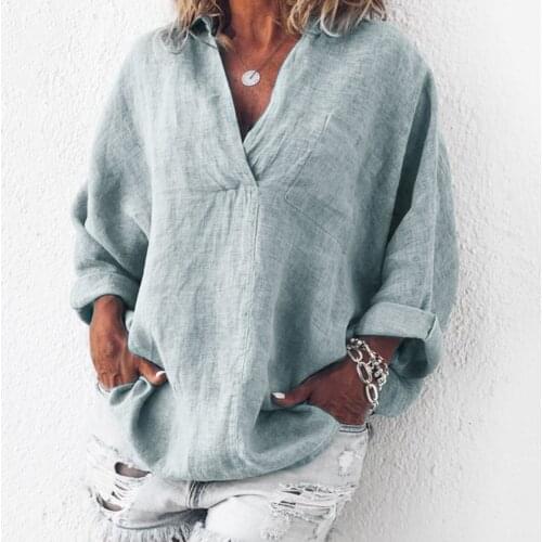 Cotton Linen 5XL Plus Size Womens Tops And Blouses Solid Turn Down Collar Long Sleeve Female Tunic Casual Ladies Shirt