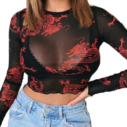 Fashion Women Summer T-Shirt Dragon Print Round Neck Long Sleeve See Through Mesh Crop Tops