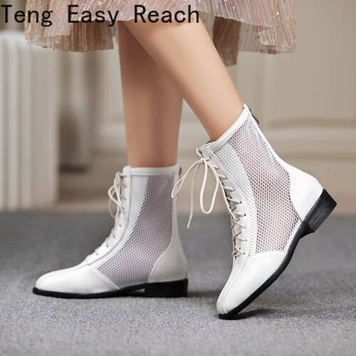 Women Boots Mesh Summer Shoes Woman Ankle Boot Chunky Heels Lace up Women Shoes Low-heeled Bootie Ladies Shoes Large size 45