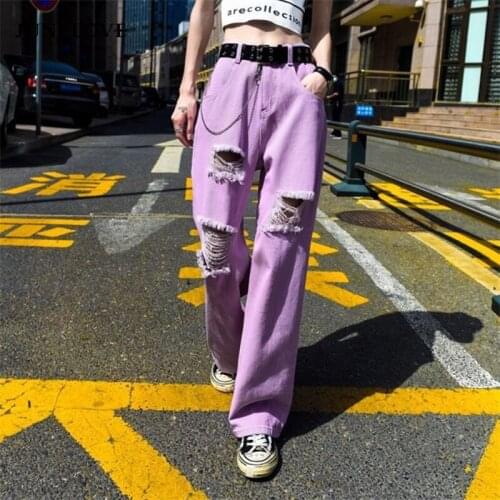JuneLove Women Autumn Long Denim Pants 2021 New High Waist Straight Loose Wide Leg Jeans Casual Full Length Hole Trousers Bottom