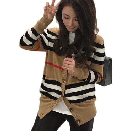 Womens Khaki Striped Spring Autumn Cashmere Knitted Long Sweaters Female Elegant Single Breasted Loose Casual Cardigans Jackets