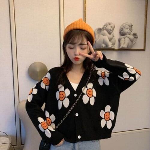 Women Fashion Floral Knitted Cardigan Sweater Lady Long Sleeve Open Cardigan Gradients Pink Knit Sweaters Coat Casual Tops
