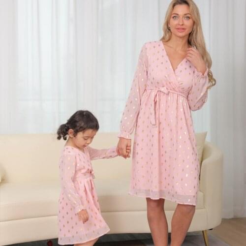 Mother Daughter Sequin Dress Shiny Elegant Family Matching Pajamas 2021 Spring Summer Mom and Daughter Dress V-neck Long Sleeve