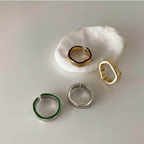 AOMU Retro Simple Green Gold Silver Color Metal Enamel Ring Female Smooth Irregular Geometric Open Rings for Women Accessories