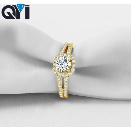 QYI 14K Solid Yellow Gold Wedding Bands Rings For Women 1 Ct Round Simulated Diamond Engagement Ring Jewelry Gift