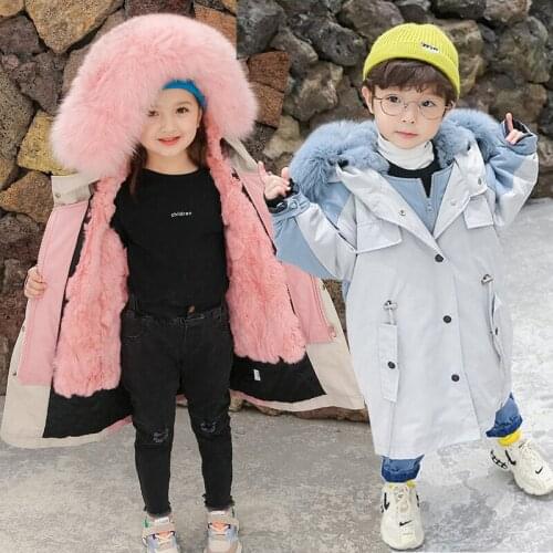 Winter Fur Baby Girls Jacket Hooded Warm Boys Coats Unisex Fashion Children Outerwear Long Thick Windproof Kids Parkas Clothes