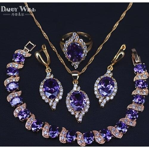 Gold Wedding Jewelry For Women Cubic Zirconia purple Jewelry Set Earrings/Pendant/Necklace/Ring/Bracelet for party