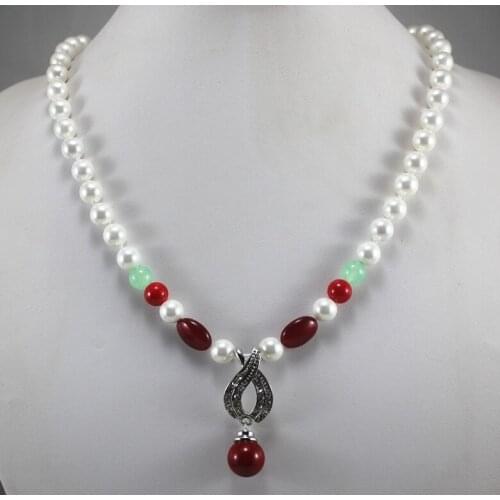 8mm white shell pearl mixed red stone and 14mm red shell pearl pendant necklace for party