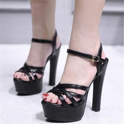 Ladies Platform High Heels Sexy Sandals Mujer Ankle Strap Open Toe 14 CM Block Heel Party Shoes For Women Tacones Black Apricot
