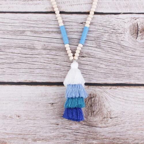 Polymer Clay Beads Wood Beads Chains BOHO Silk Tassel Pendant Necklaces for Women BOHO Wood Beads Tassel Pendant Necklaces