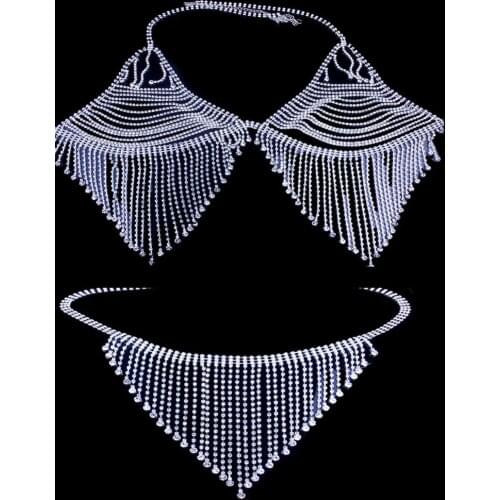 Stonefans New Tassel Crystal Body Chain Bikini Statement Bra Sexy Jewelry for Women Rhinestone Body Waist Chain Underwear Thong