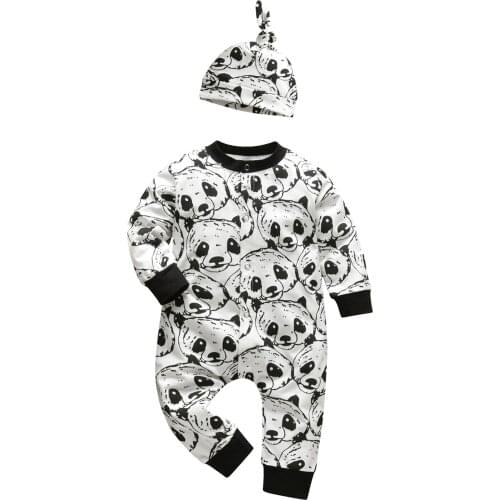 Infant Baby Boys Cartoon Panda Romper For Newborns Clothing Set O-Neck Long Sleeve Jumpsuit+Cap Toddler Babies Clothes Set