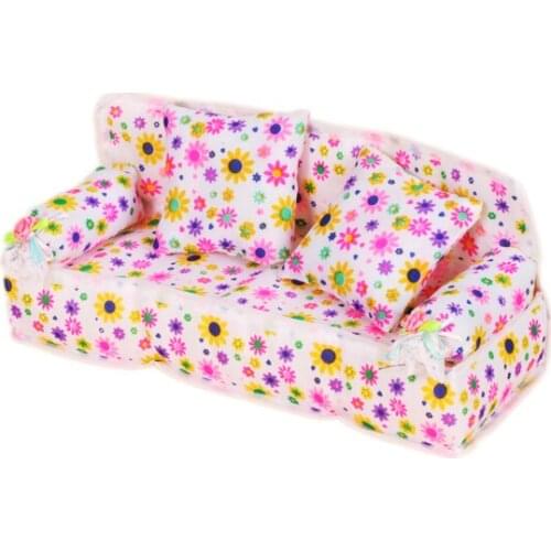 Miniature Dollhouse Furniture Dolls Sized Flower Print Sofa CouchWith 2 Cushions Classic Pretend Play Toys for Children Kids