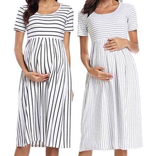 Maternity Dresses Summer Womens Short Sleeve Maternity Dress Striped Knee-length A-line Pregnancy Pijama Lactancia Verano