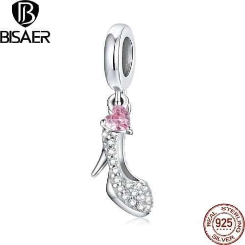 BISAER Glass Slipper Beads 925 Sterling Silver Shining Zircon Charms Pendant Fit DIY Original Silver Bracelet Jewelry EFC411